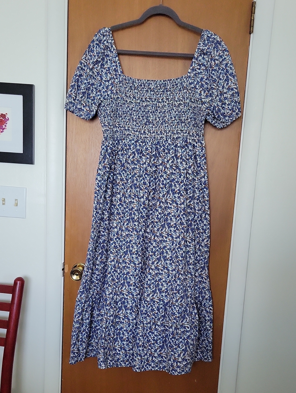 Blue Floral Smocked Midi Dress with Puff Sleeves - Women's Summer Dress